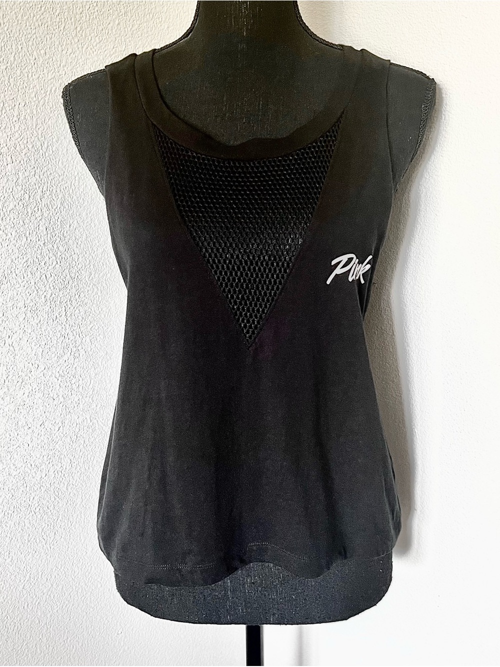 LIKE NEW • VS PINK Black Mesh Net Cut-Out Panel Cutoff Sleeve Tank •
